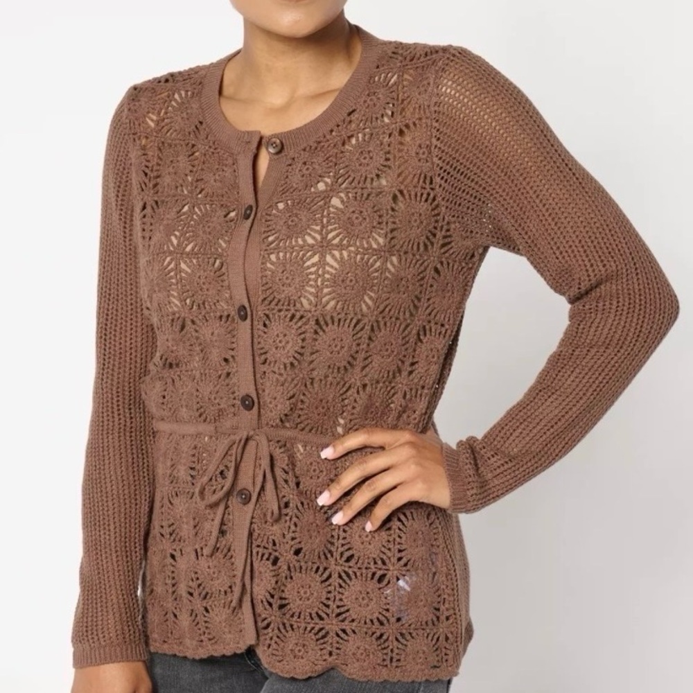 Peace Love World Boheme Crochet Cardigan Sweater Brown
